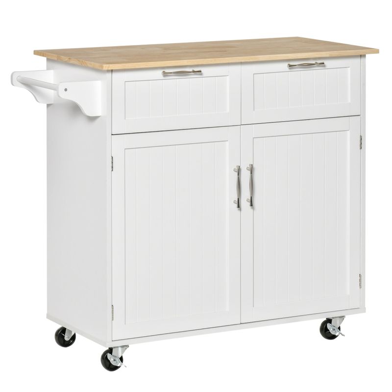 HOMCOM 41" Modern Rolling Kitchen Island, Kitchen Storage Utility Cart Trolley with Rubberwood Top, 2 Drawers, and Towel Rack - Grey