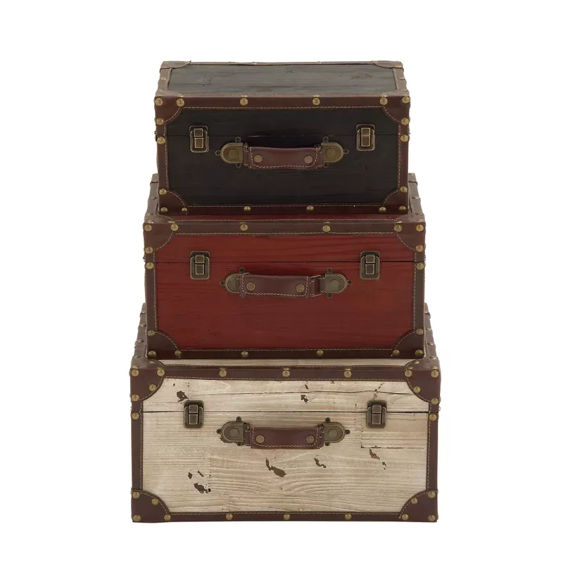 Set of 3 Farmhouse Wooden Trunk Style Boxes by Studio 350 - Red - Red