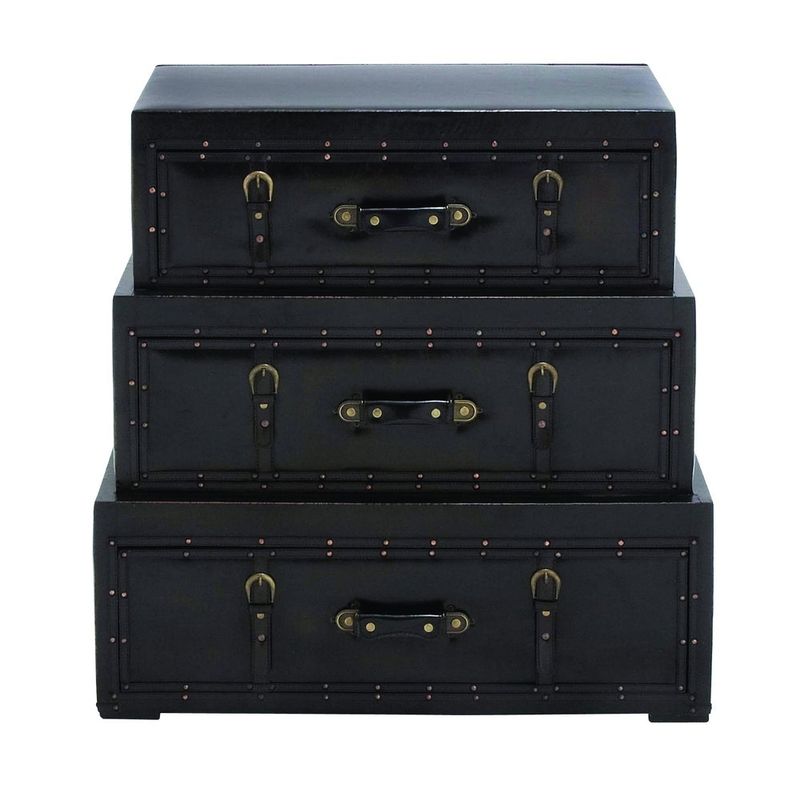 Wood Traditional Chest with Leather Buckle Straps and Stud Details - 40"W, 21"H - Dark Hickory Brown