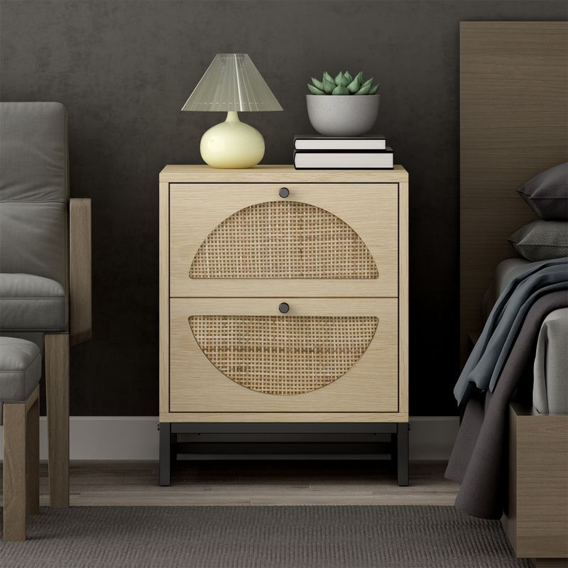 Natural rattan storage drawer bedside table with two drawers - Beige
