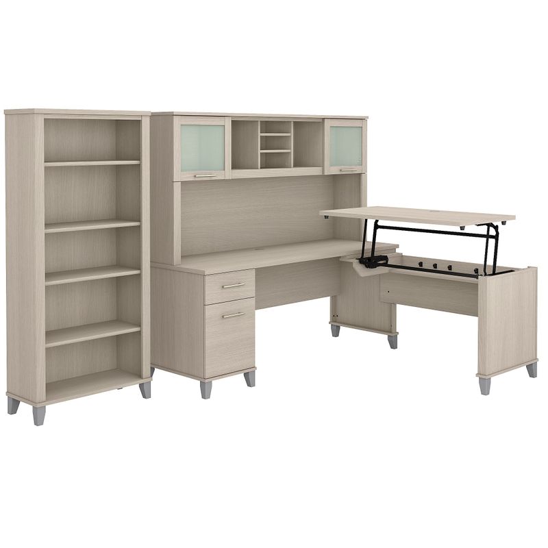 Somerset 72W Sit to Stand L-Desk with Hutch and Bookcase in Ash Gray - Maple Cross