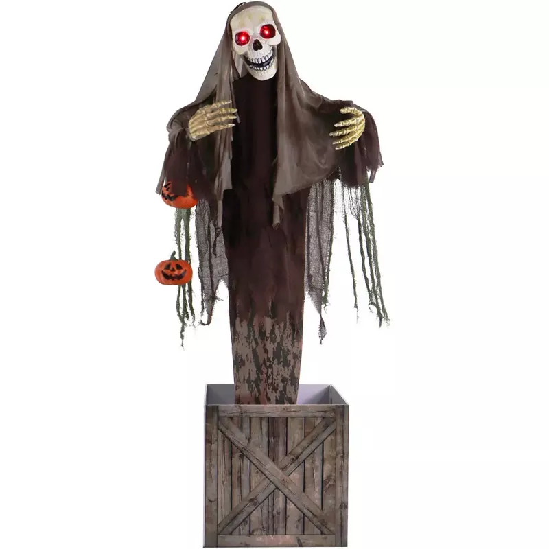 Animatronic Skeleton in a Box with Movement, Sounds, and Light-Up Eyes for Scary Halloween Decoration