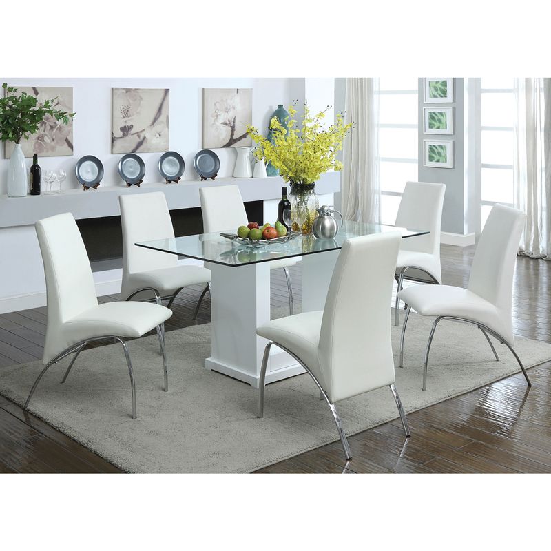Furniture of America Benton White Glass Top 7-piece Dining Table Set - Silver/White