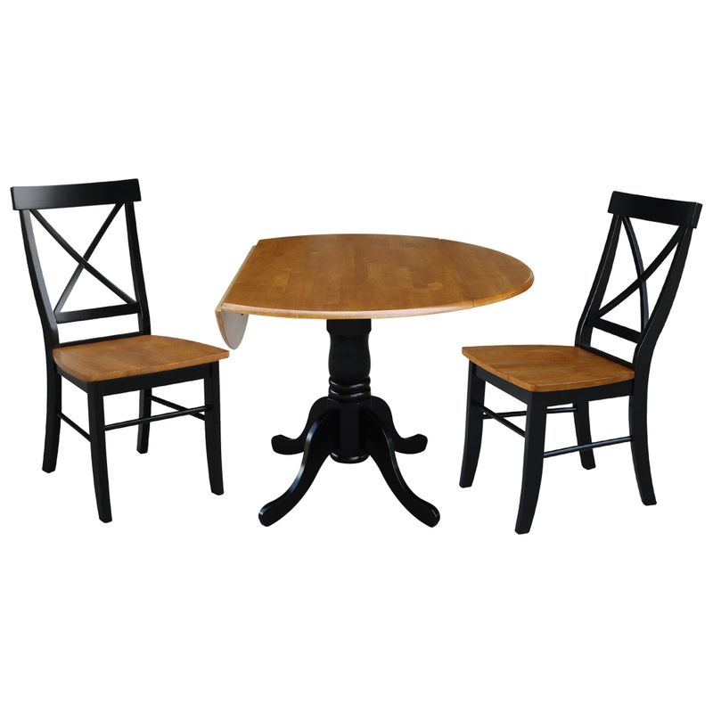 42" Dual Drop Leaf Table With 2 X-Back Chairs - 3 Piece Set - Hickory/Washed Coal