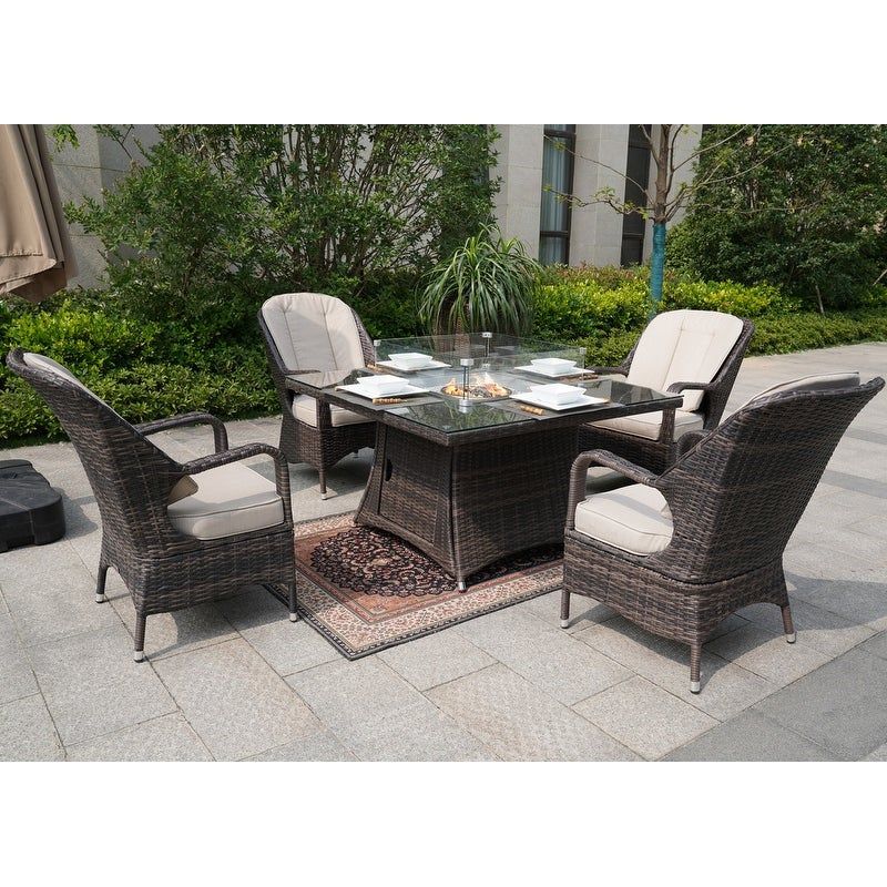 Outdoor 5 Piece Patio Wicker Square Fire Pit Table with Four  Arm Chairs - Brown