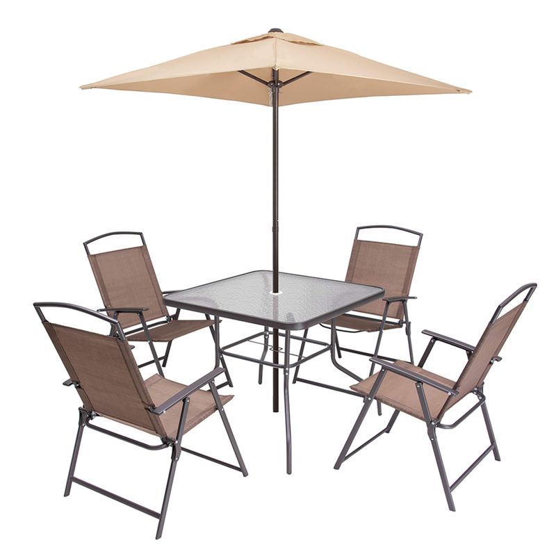6 PCS Patio Dinning Set with 4 Folding Chairs, Glass Table and Tan Umbrella without Base - Beige - 6-Piece Sets