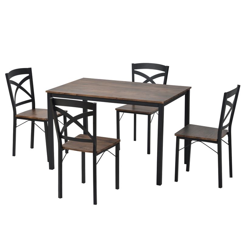 5-Piece Industrial Wooden Dining Set with Metal Frame and 4 Ergonomic Chairs, Brown - Brown