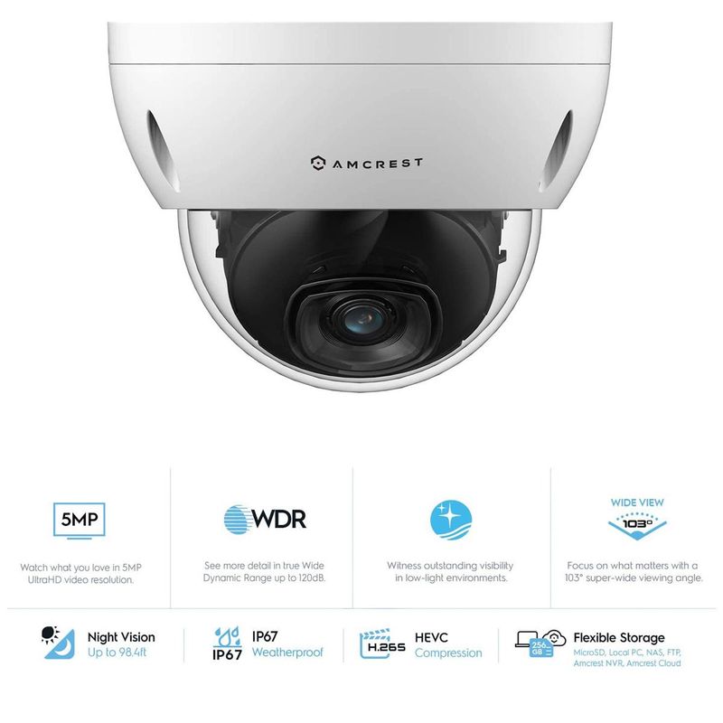 Amcrest 4K UHD 5MP Outdoor Security PoE Dome IP Camera with 2.8mm Lens, 98' Night Vision, White