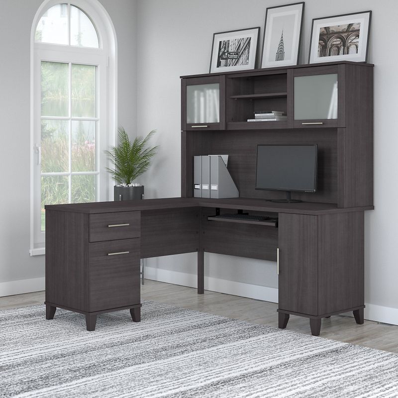 Somerset 60W L Shaped Desk with Hutch - Sand Oak