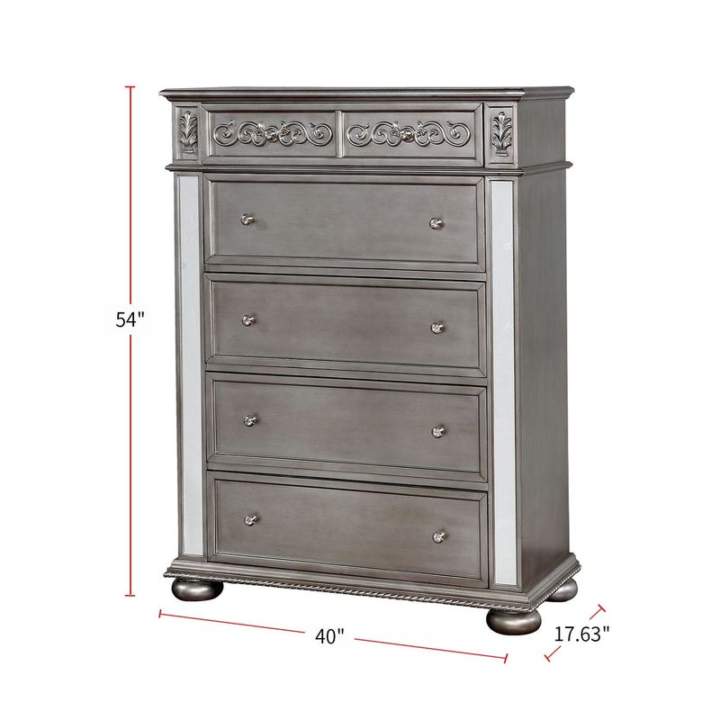 5 Drawers Wooden Chest With Mirror Trim - Silver