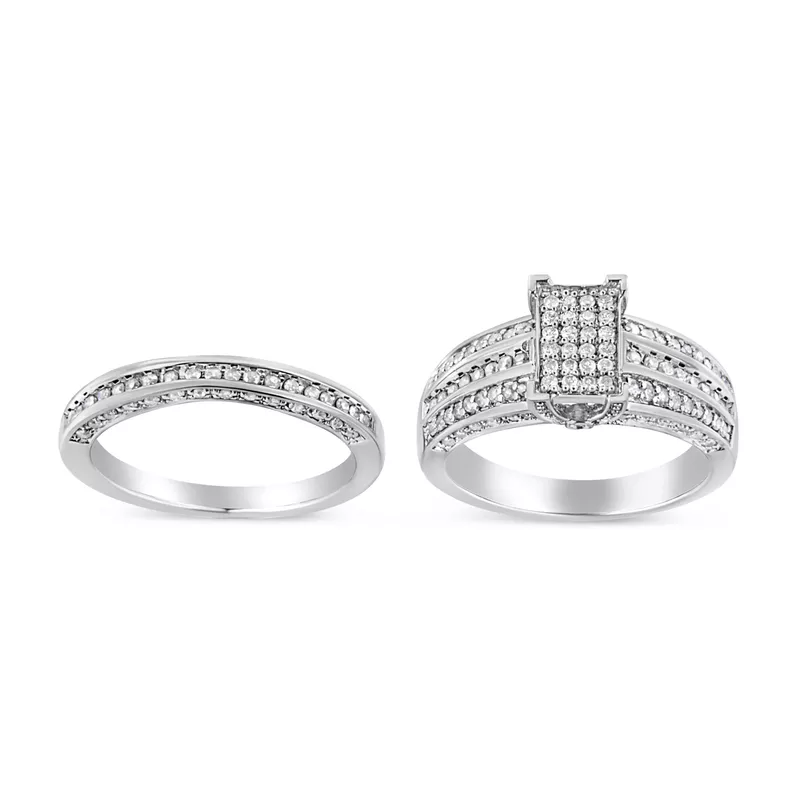 .925 Sterling Silver 3/4 Cttw Prong Set Round Diamond Composite Engagement Ring and Band Set (I-J Color, I3 Clarity) - Choice of size