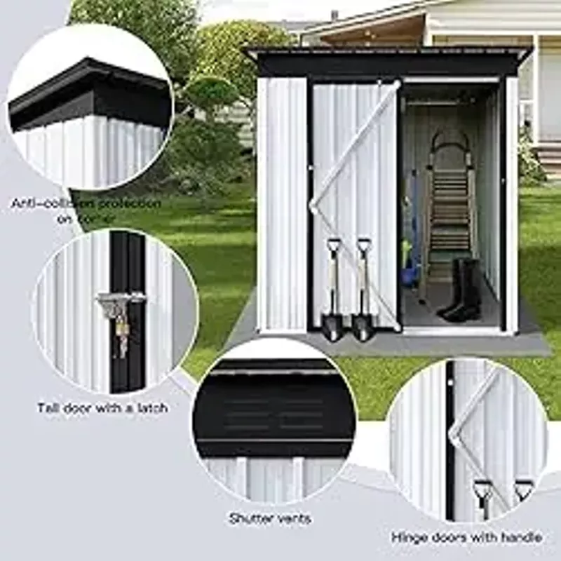 HOHFXM Metal Outdoor Storage Shed 5FT x 4FT, Large Lockable Metal Garden Storage Shed with Air Vent Doors for Backyard Patio Lawn to Store Tools, Bikes, Pet Room, Lawnmowers (White+Black)