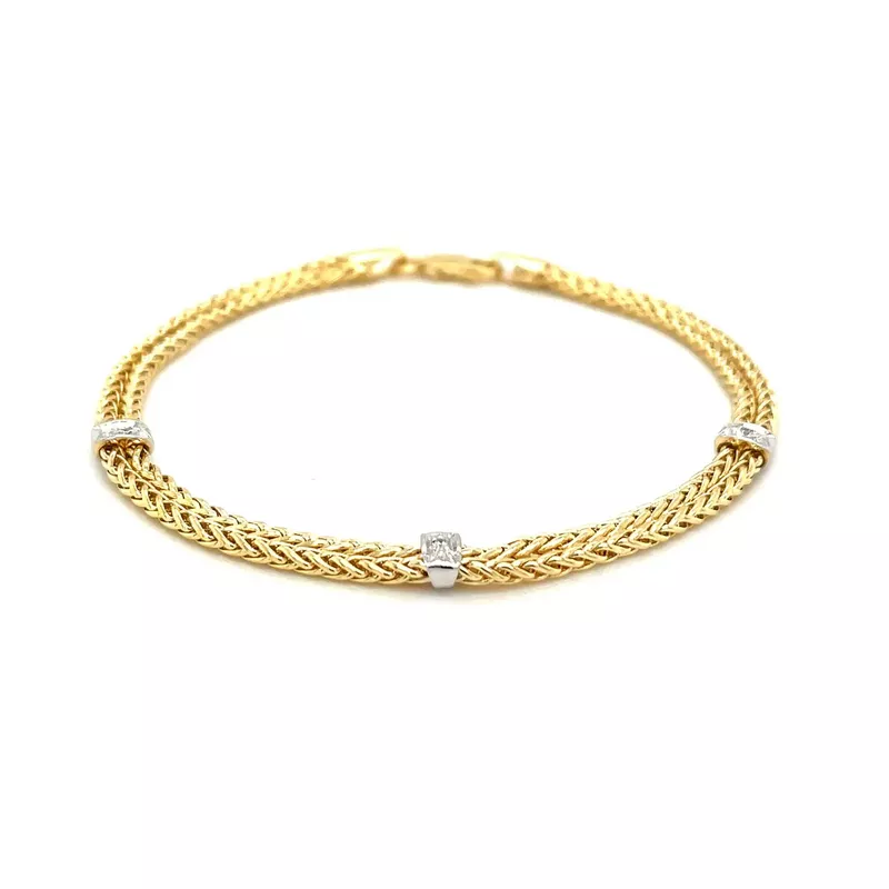 14k Two Tone Gold Dual Wheat Chain Bracelet with Diamond Stations (.02 cttw) (7.25 Inch)