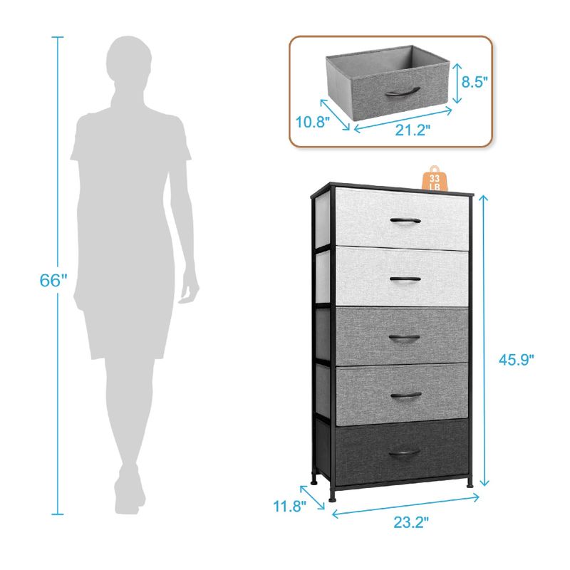 VredHom Vertical 5 Drawers Storage Tower - Light Grey - 5-drawer