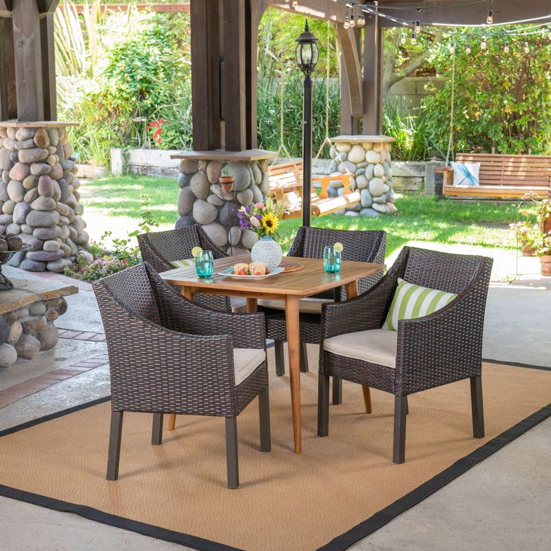 Damas Outdoor 5 Piece Wood and Wicker Dining Set by Christopher Knight Home - Beige/Teak/multi brown