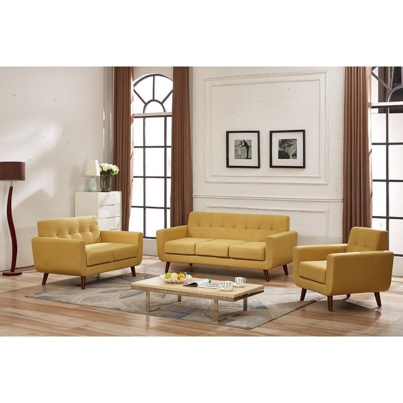 Grace Mid-Century Tufted Upholstered Rainbeau Living Room Sofa, Loveseat, and Chair 3-piece Set - Taupe Grey