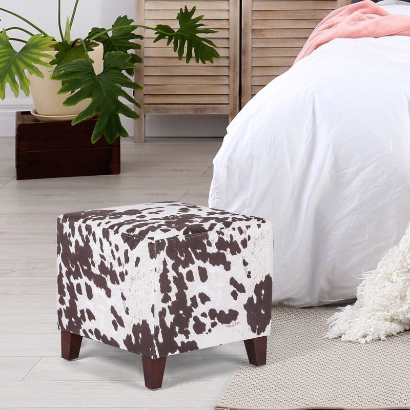 Adeco British Style Cow Print Cube Ottoman Home Bench Classy Footstool - Brown Cow