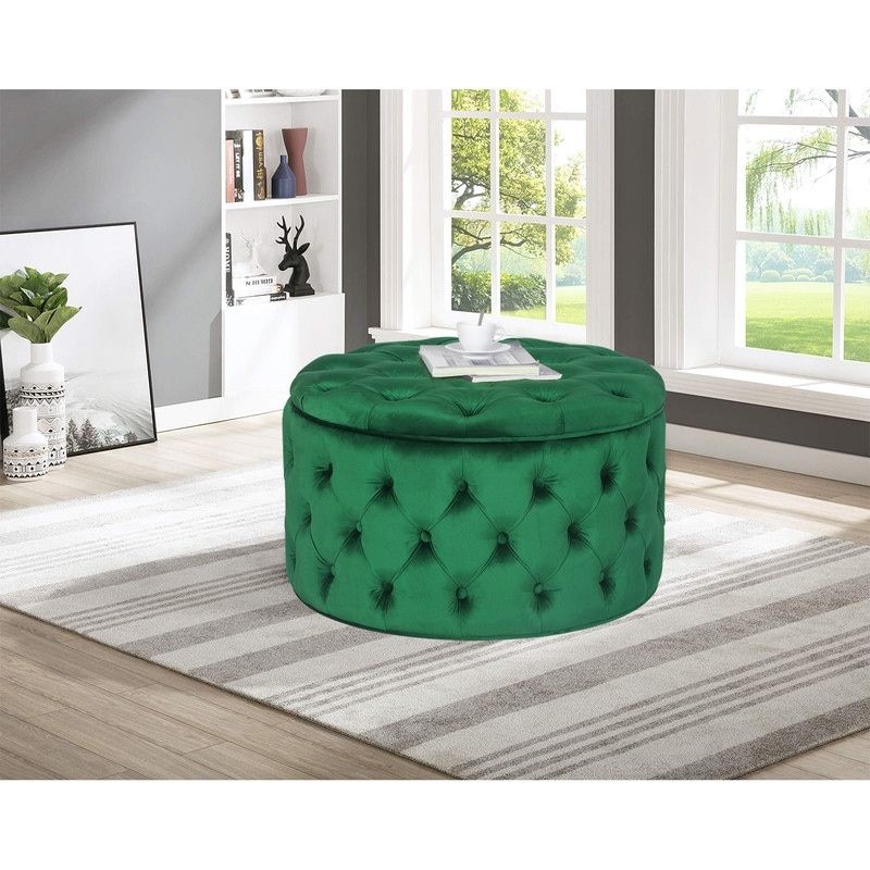 Adeco Velvet Round Storage Ottoman Button Tufted Footrest Stool Bench - Green