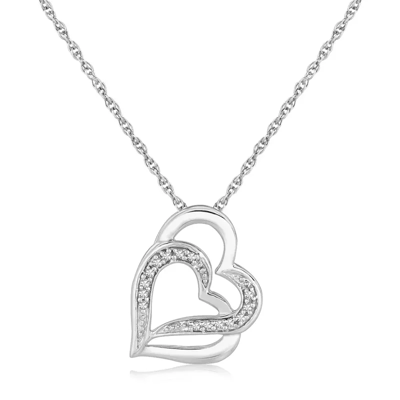 Sterling Silver Dual Heart Motif Pendant with Diamonds (.06 cttw) (18 Inch)