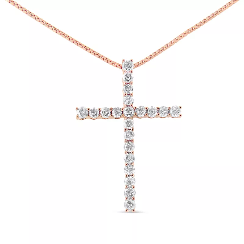 14K Rose Gold Plated .925 Sterling Silver 1.0 Cttw Champagne Diamond Gold Cross Pendant Necklace for Women (Champagne Color, I1-I2 Clarity)- 18 inch