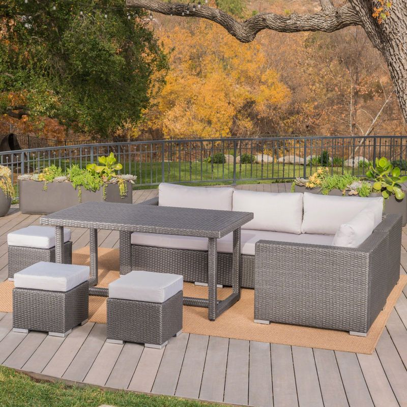 Santa Rosa Outdoor 8-Piece Rectangle Aluminum Wicker Dining Sofa Set with Cushions by Christopher Knight Home - Brown/Beige
