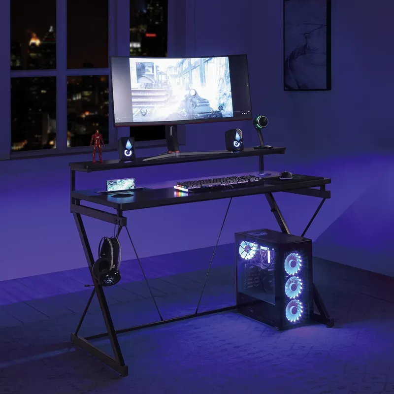 OSP Home Furnishings - Emulator Battlestation Gaming Desk with RGB LED Lights - Black / Carbon