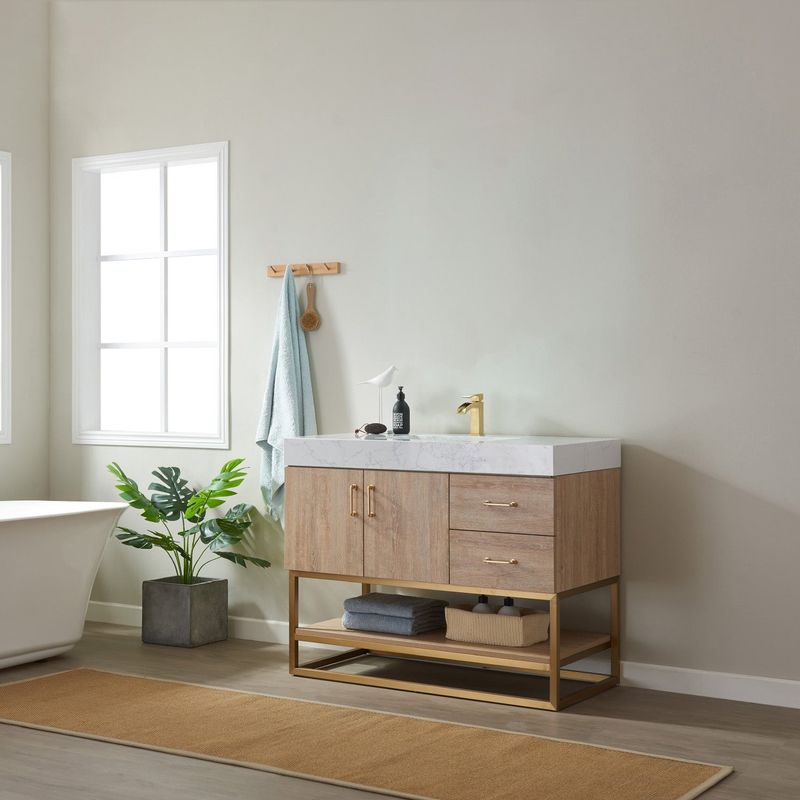 Alistair 42" Vanity with White Grain Stone Countertop Without Mirror - Wood Finish - Oak - Single Vanities
