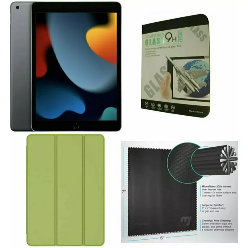 Apple 10.2-Inch iPad (9th Generation) with Wi-Fi 256GB Space Gray Green Case Bundle
