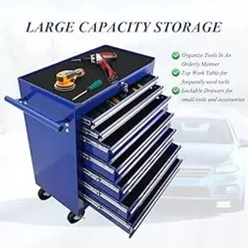 Tool Cart With Drawers,7 Drawers Locking Rolling Tool Chest with Wheels,Mechanic Tool Cabinets for Garage,Large Blue Tool Box for Warehouse,Repair Shop