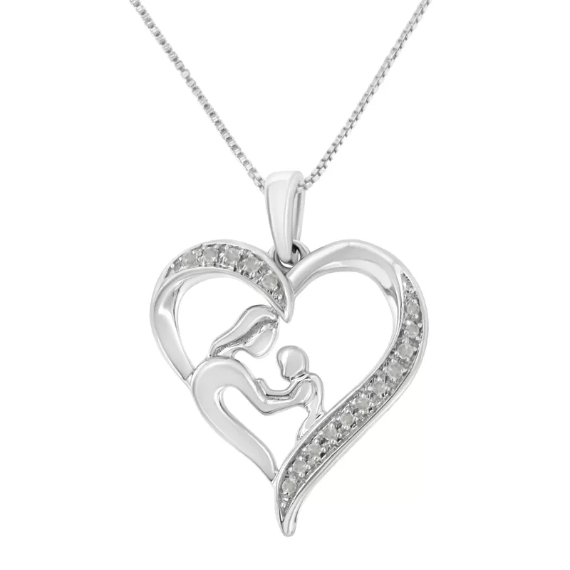 .925 Sterling Silver 1/10 cttw Diamond Heart and Mother 18" Pendant Necklace (I-J Color, I3 Clarity)