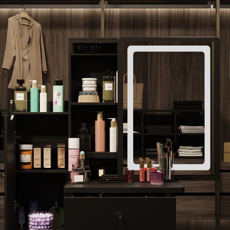4-Drawer Makeup Organizer Vanity Table Set with LED-lit Mirror Dresser - Black