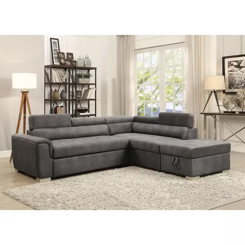 Gray Polished Microfiber Sectional Sofa with Sleeper and Ottoman - Grey - Right Facing