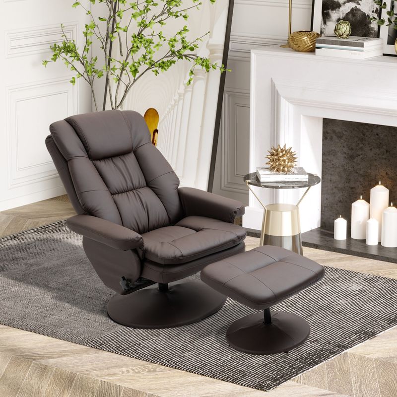 HOMCOM Recliner and Ottoman with Wrapped Base, Swivel PU Leather Reclining Chair with Footrest for Living Room - Brown