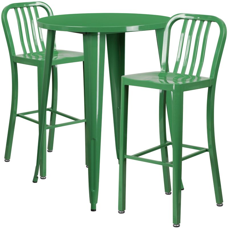 30'' Round Metal Indoor-Outdoor Bar Table Set with 2 Vertical Slat Back Stools - 30"W x 30"D x 41"H - Blue