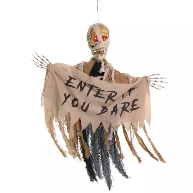 Animatronic Skeleton Mummy Greeter with Banner and Folding Door Hook for Scary Halloween Decoration