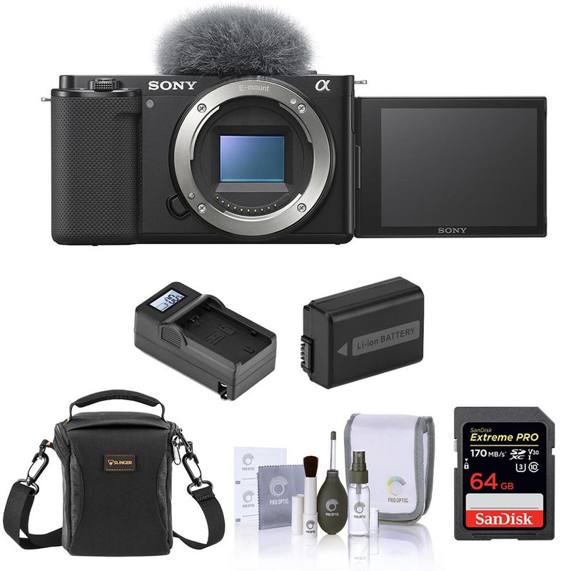 Sony ZV-E10 Mirrorless Camera Body, Black Bundle with 64GB SD Memory Card, Shoulder Bag, Extra Battery,  Compact Smart Charger,...