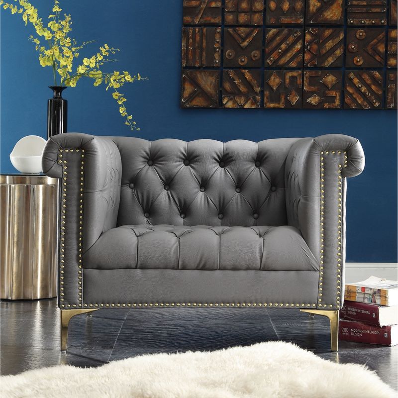 Chic Home Winston Grey Chrome/ Leather Button-tufted Lounge Chair with Goldtone Nailhead Trim - Winston Club Chair, Grey Leather