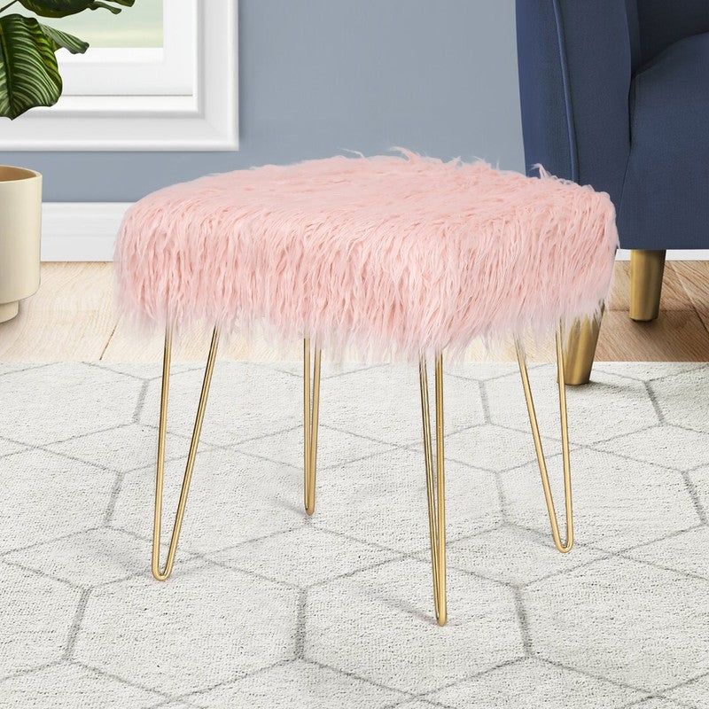 Adeco Faux Ottoman Vanity Stool with Metal Legs for Bedroom - Pink