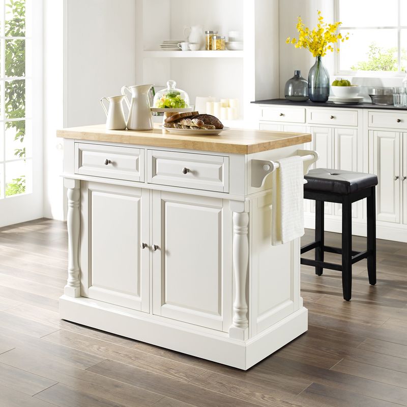 Oxford White Finish Butcher Block Top Kitchen Island with 2 Stools - Stationary - Wood