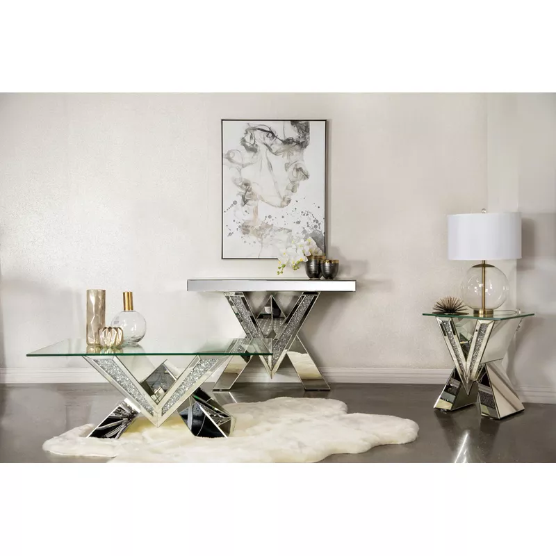 Taffeta V-shaped End Table with Glass Top Silver