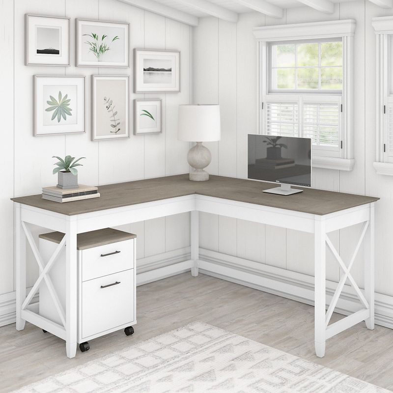 Key West 60W L Shaped Desk with Mobile File Cabinet by Bush Furniture - Shiplap Gray/Pure White