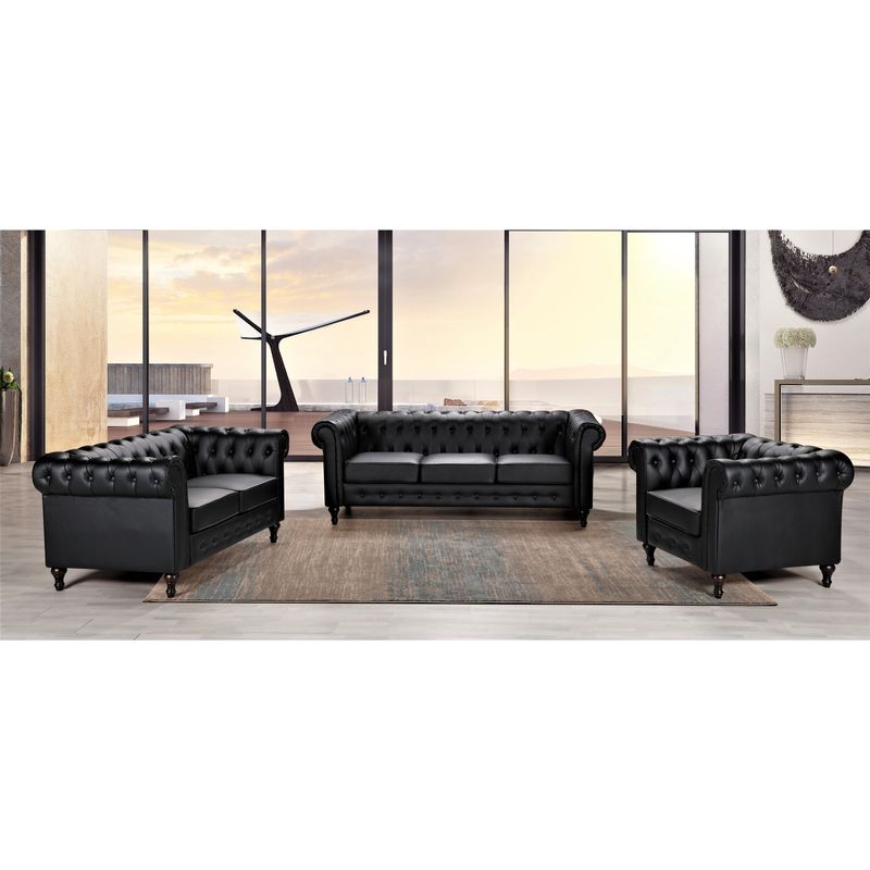 Brooks Classic Chesterfield 3-Piece Living Room Set-Chair Loveseat & Sofa - Brown