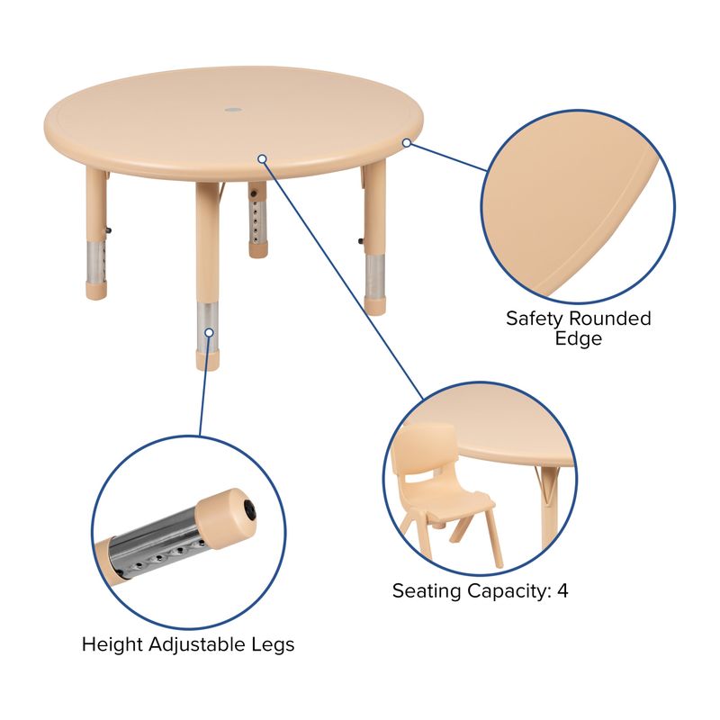 33" Round Plastic Height Adjustable Activity Table - School Table for 4 - Blue