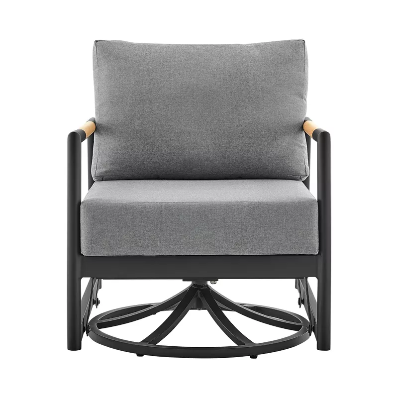Royal Outdoor Patio Swivel Glider Lounge Chair in Black Aluminum and Teak Wood with Cushions