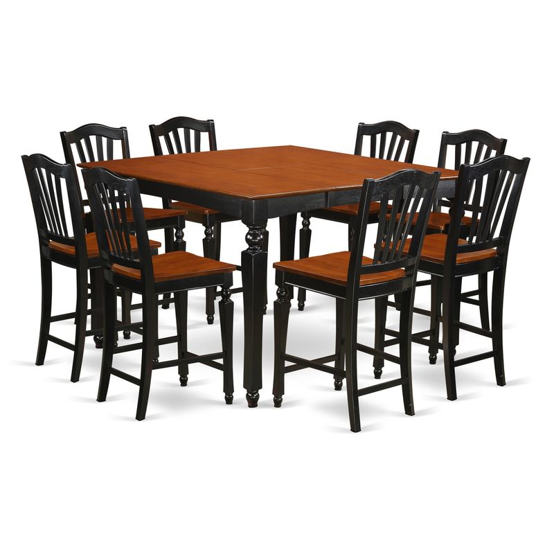 Black Rubberwood Square Pub Table with 8 Counter-height Chairs (9-piece Set) - Wood Seat