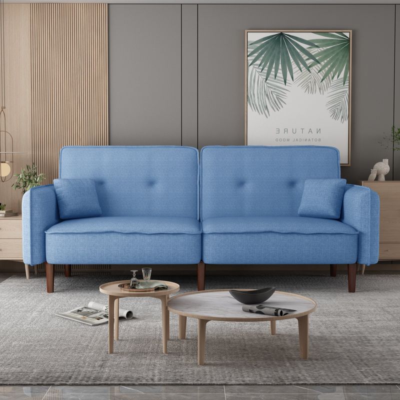 Convertible Futon Sofa Bed with Solid Wood Legs in Cotton Linen Fabric - Blue