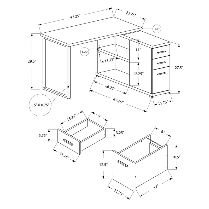 Computer Desk/ Home Office/ Corner/ Left/ Right Set-up/ Storage Drawers/ L Shape/ Work/ Laptop/ Metal/ Laminate/ White/ Grey/ Contemporary/ Modern