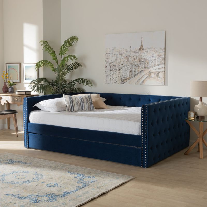 Larkin Modern Velvet Fabric Upholstered Daybed with Trundle - Queen - Navy