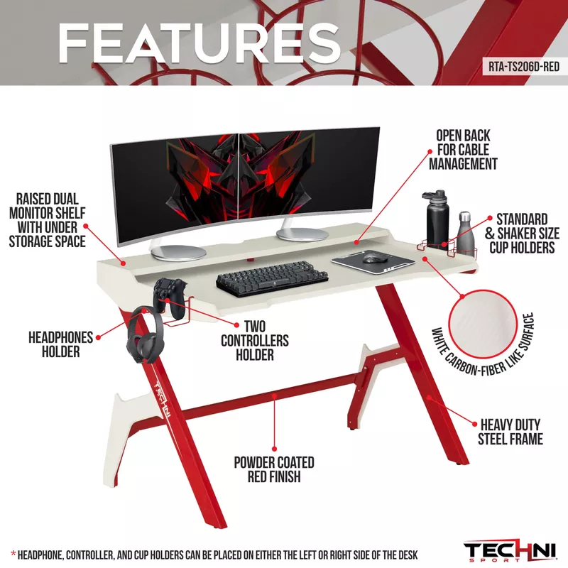 Ergonomic Computer Gaming Desk Workstation with Cupholder & Headphone Hook, Red