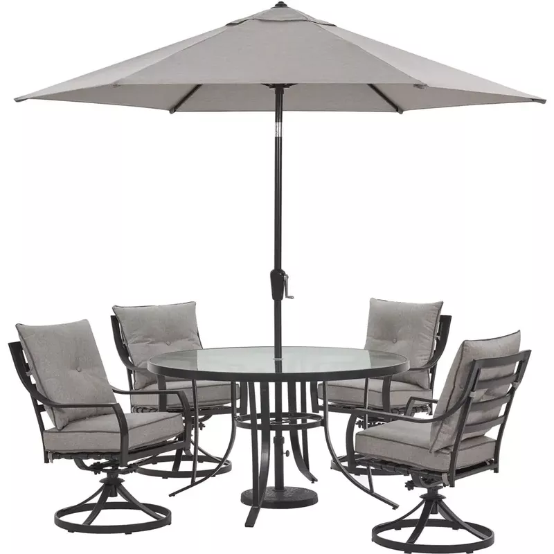 Lavallette 5pc: 4 Swivel Chairs, Round Glass Table, Umbrella & Base